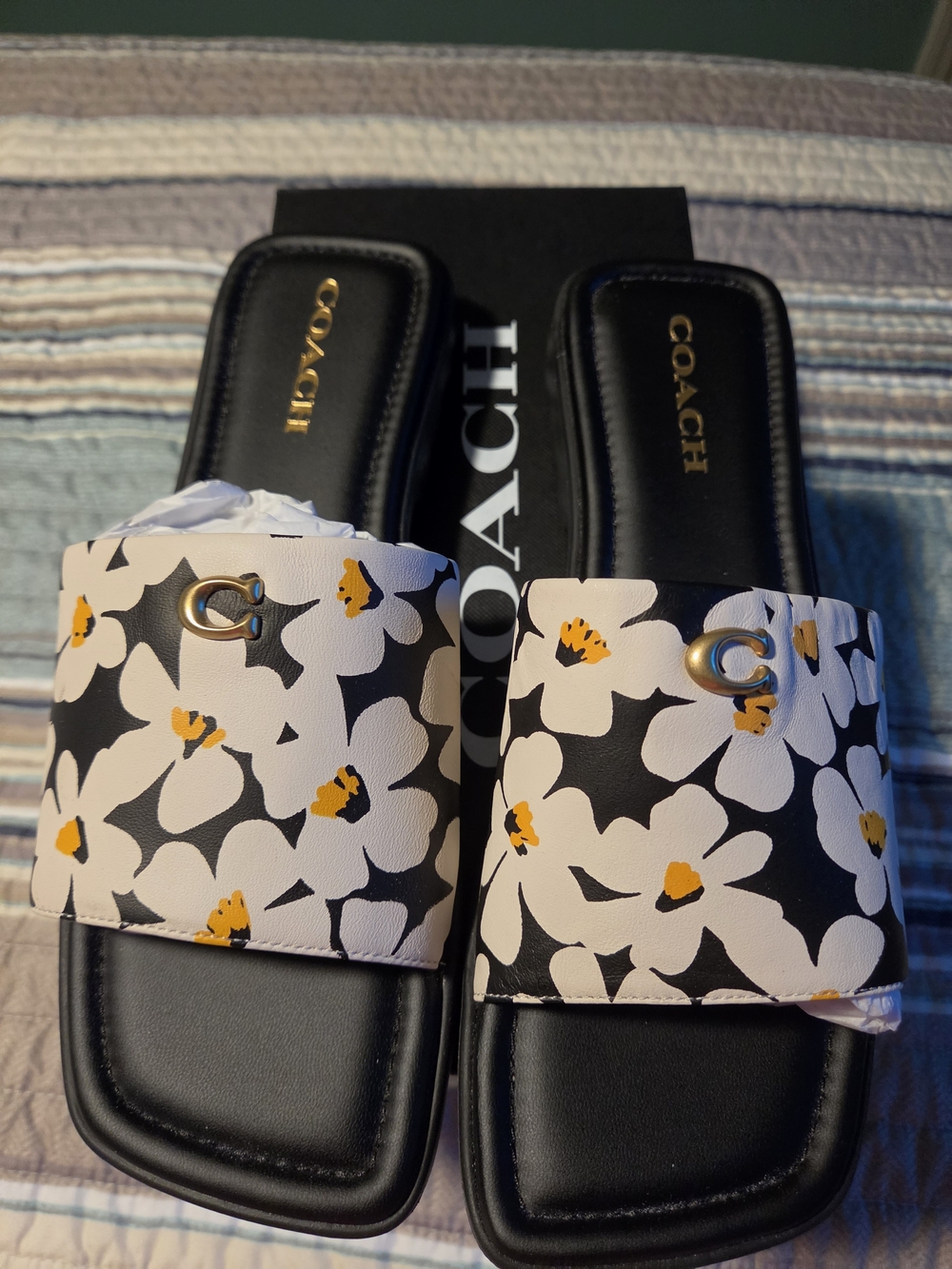 COACH Women's Black & White Floral Slide Sandals